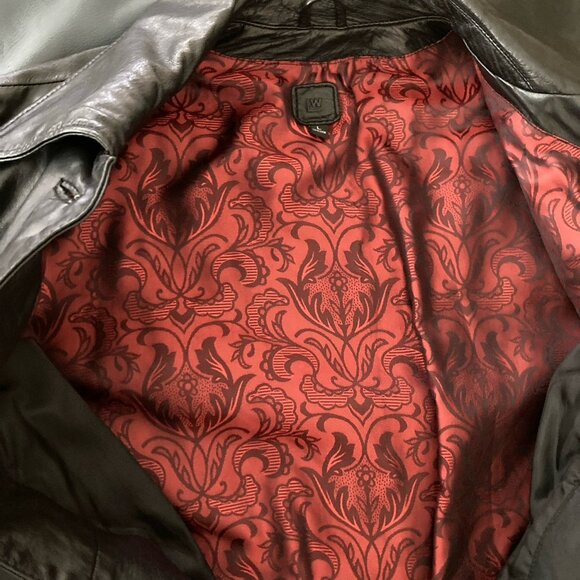 Vintage Wilsons Leather Jacket Black Trench Over Coat Big Collar Chevron Lined L - Picture 15 of 16